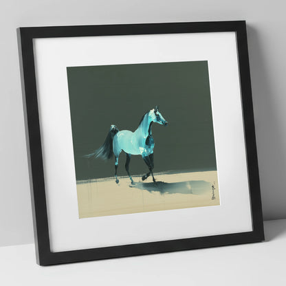 Azure Arabian Spirit horse breed art print in black frame