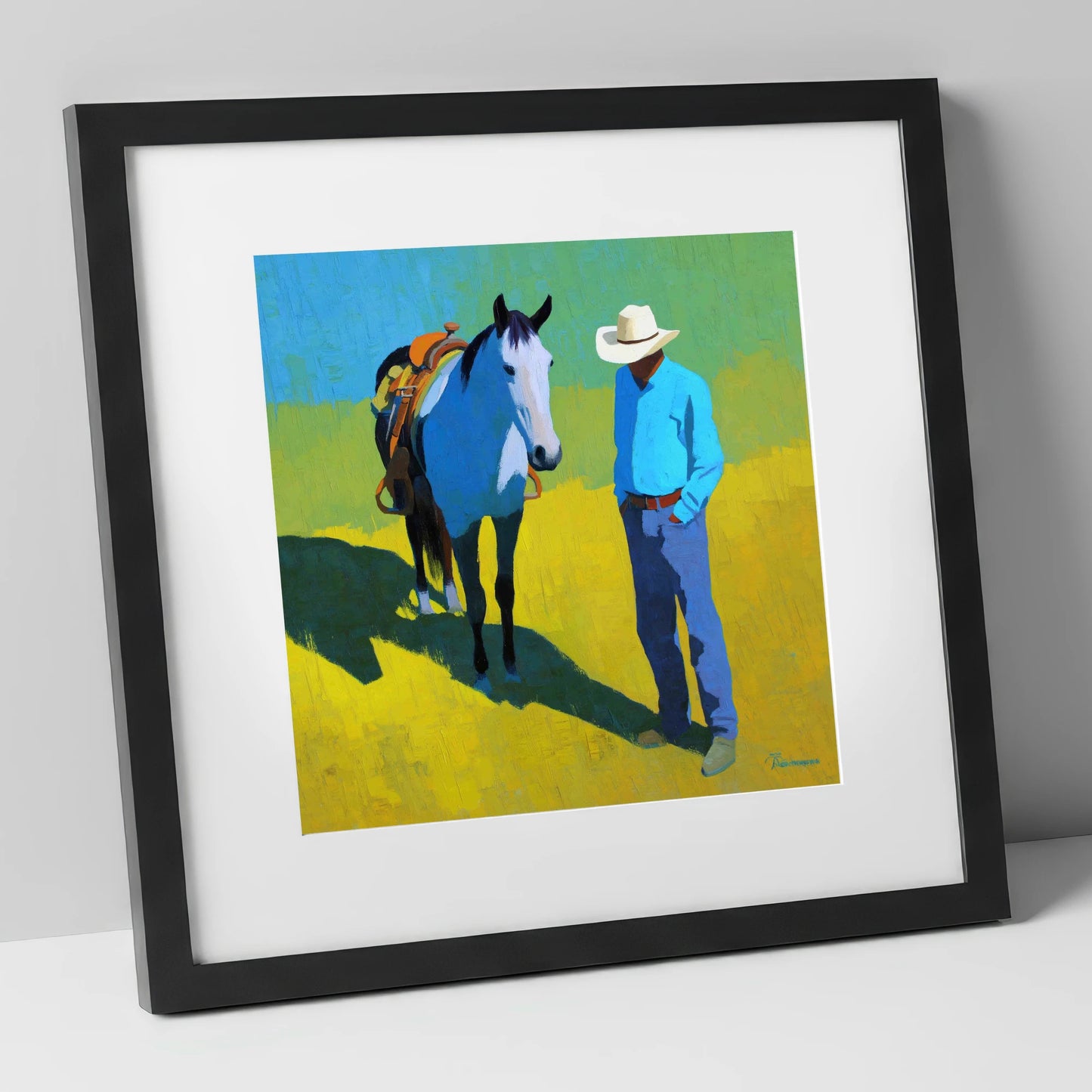 Sunlit Western Shadows western horse art print in black frame