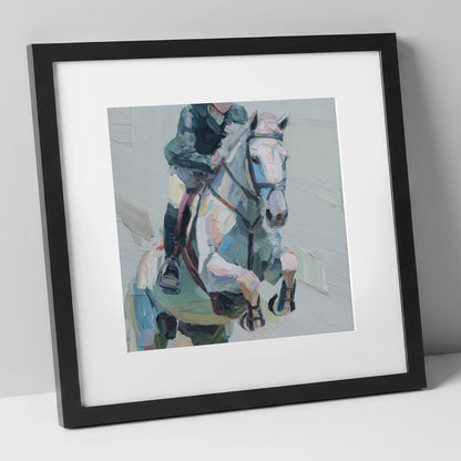Flight in Grey show jumping horse art print in black frame