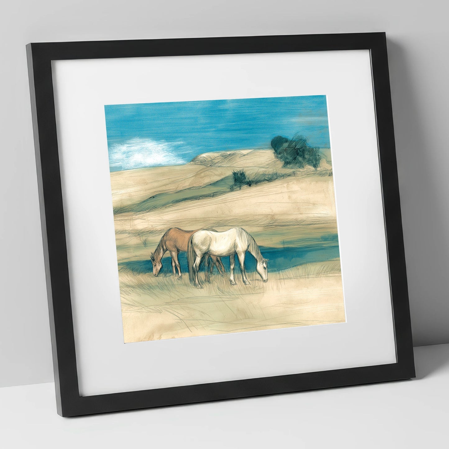Grazing Beneath Teal Skies horse landscape art print in black frame