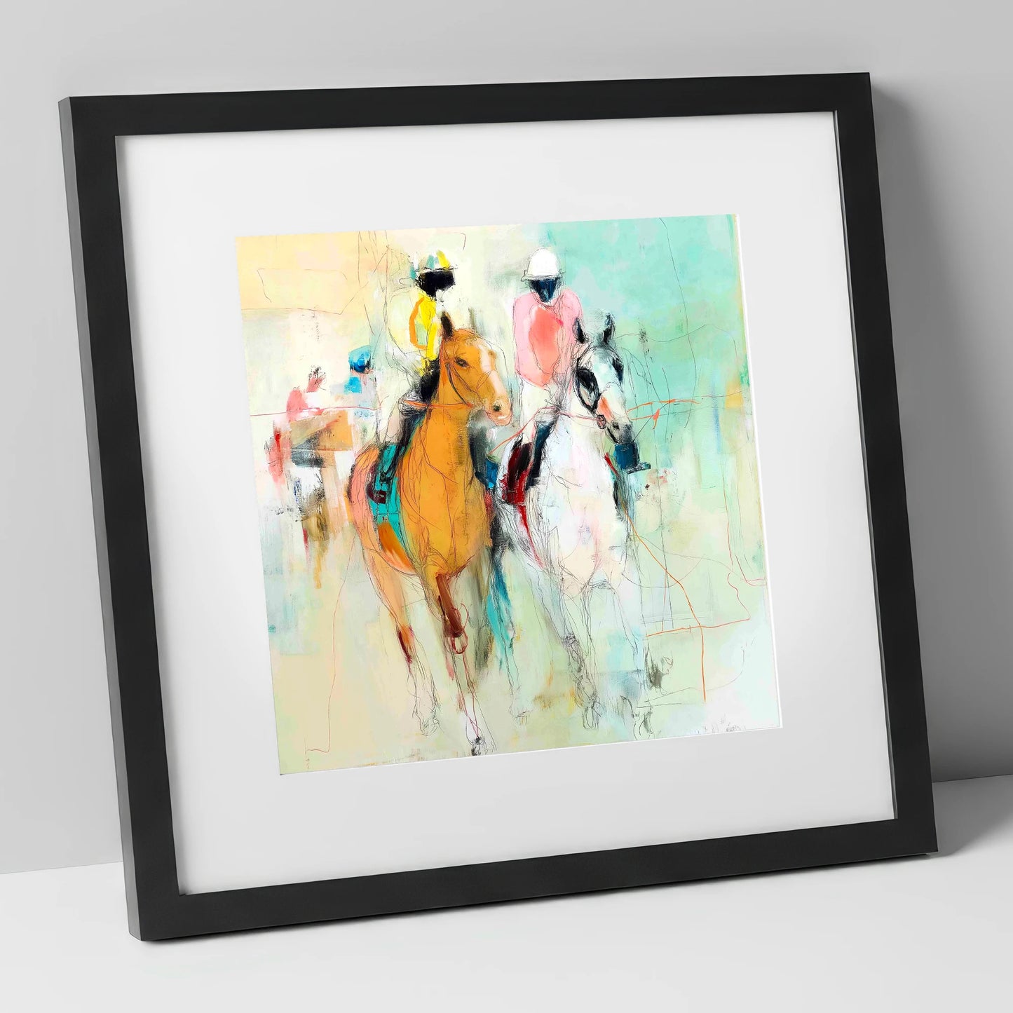 Echoes of the Turf racing horse art print in black frame