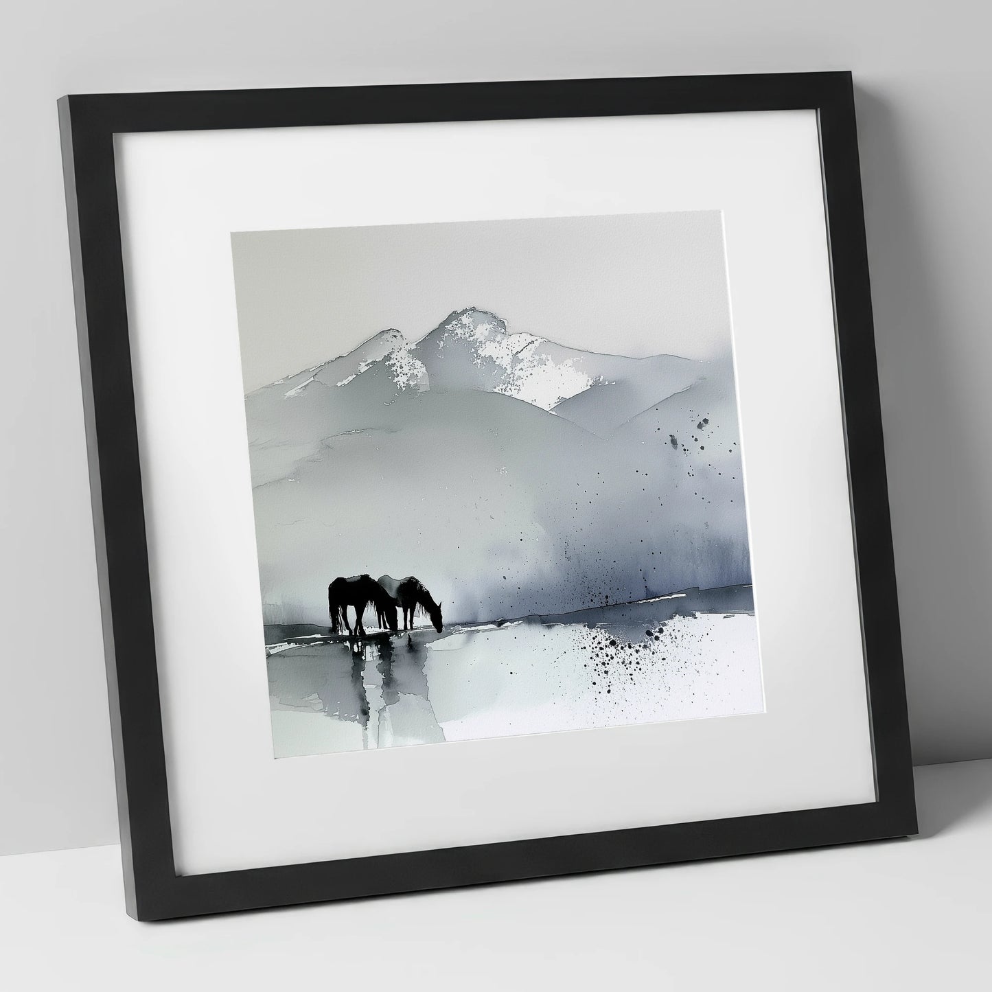 Mountain Mist Reflections horse landscape art print in black frame