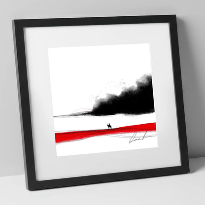 Crimson Horizon Silhouette western horse art print in black frame