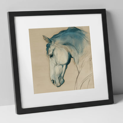 Teal Wash Equine Profile horse portrait art print in black frame