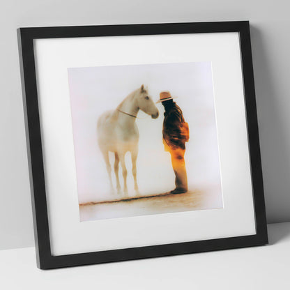 The Quiet Accord western horse art print in black frame