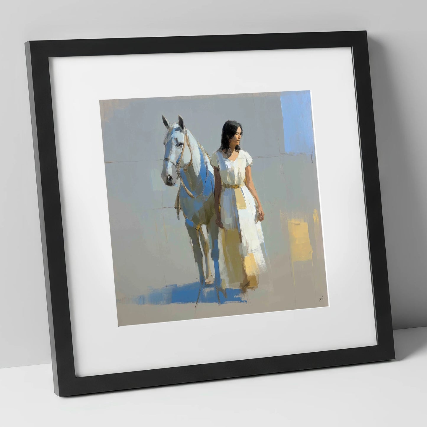 Beside the Grey horse & rider art print in black frame