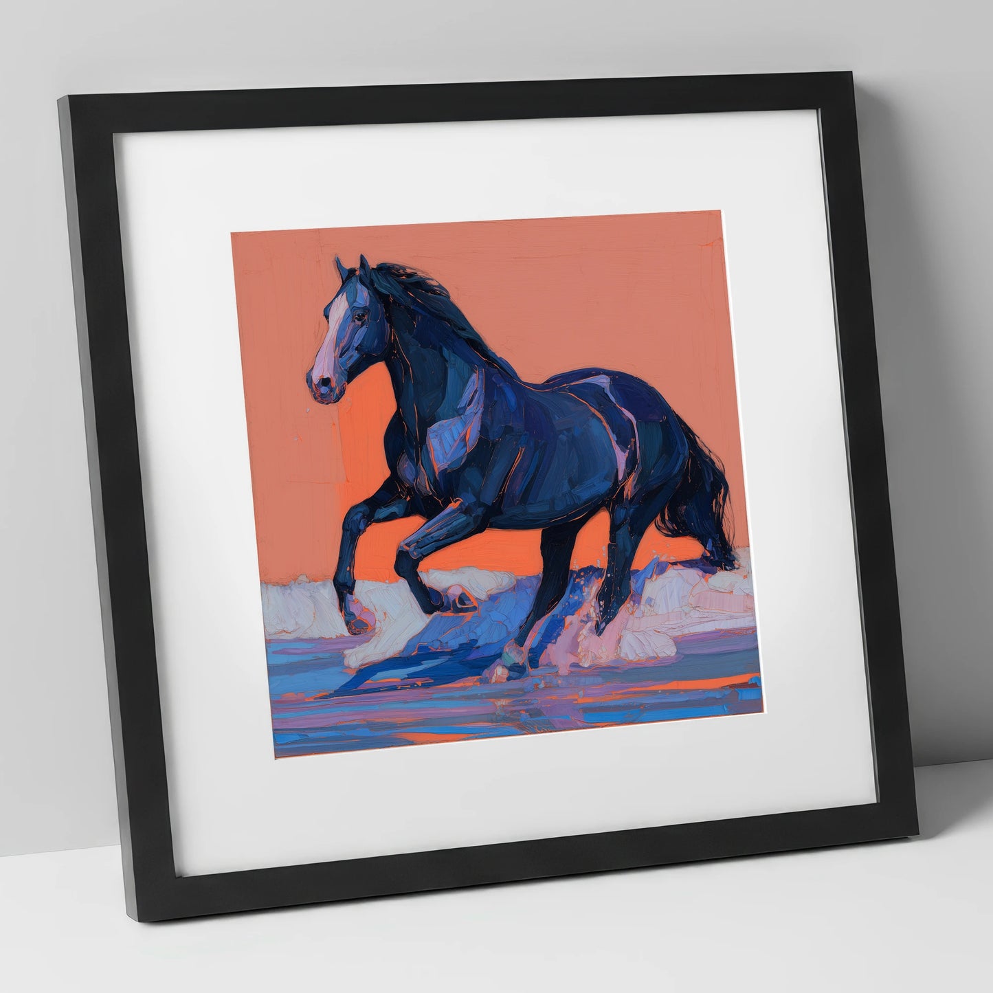 Indigo Surf Canter beach horse art print in black frame