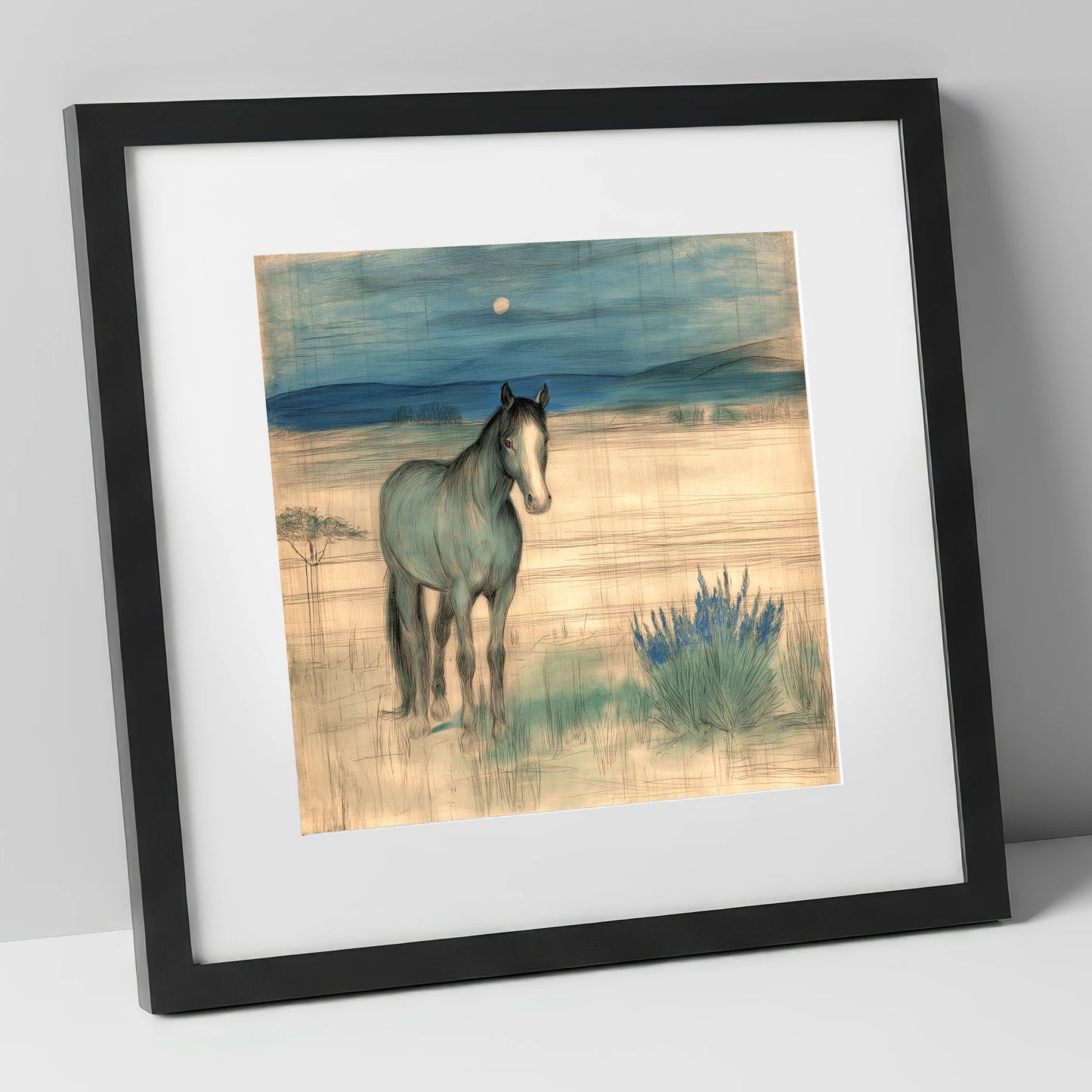 Twilight Moonlit Watch horse landscape art print in black frame