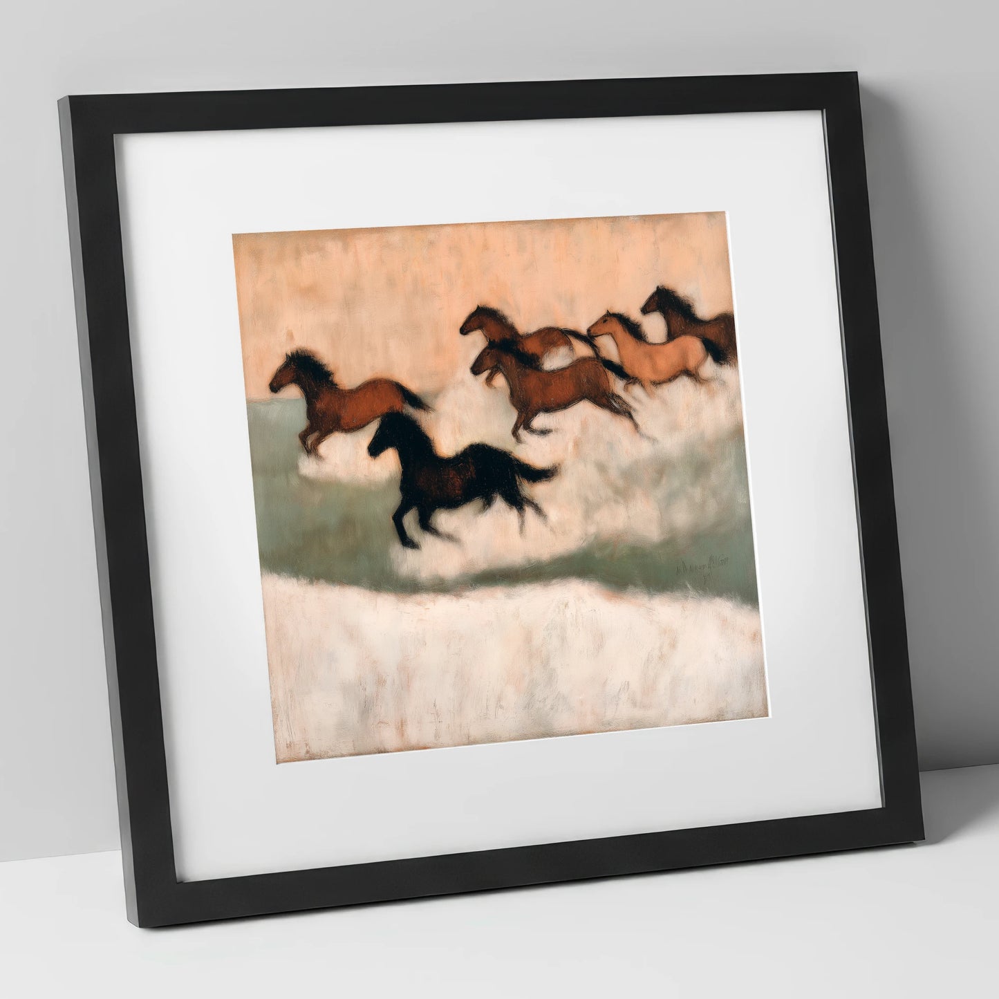 Through the Winter Haze wild horses art print in black frame