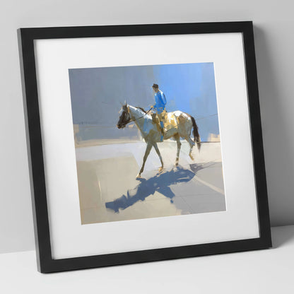 Morning in Blue Silks racing horse art print in black frame