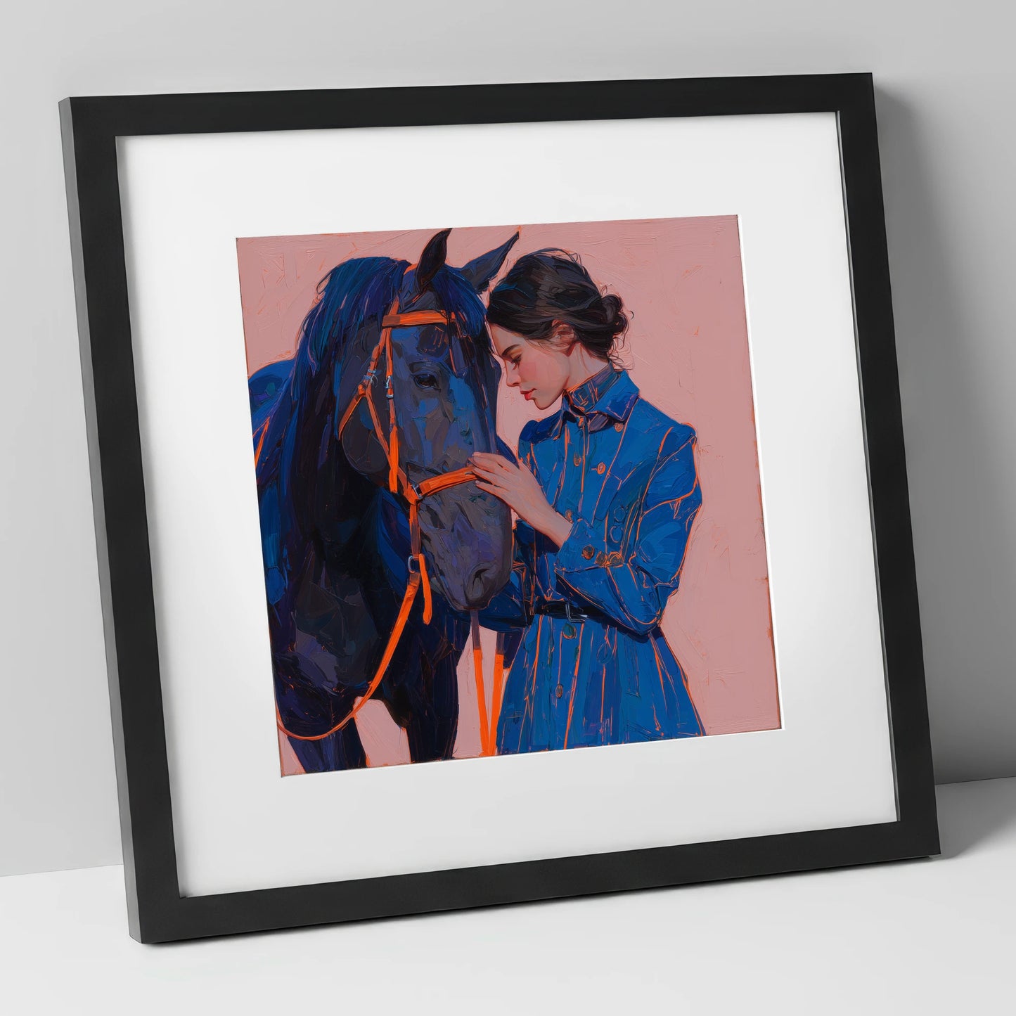The Indigo Embrace horse & rider art print in black frame
