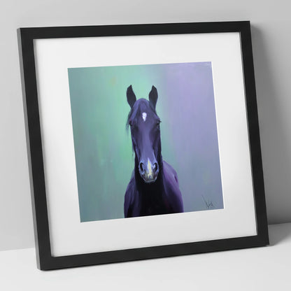 The Violet Gaze horse portrait art print in black frame