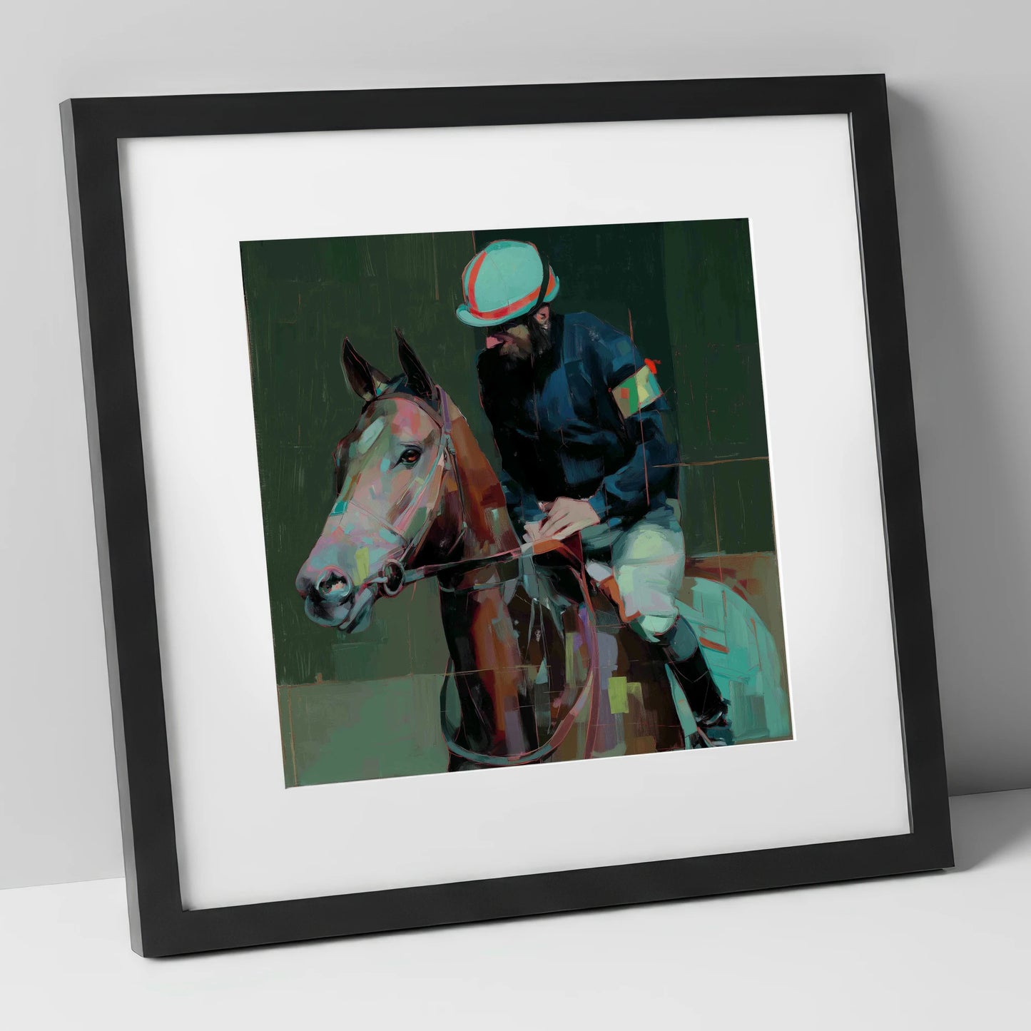 Quiet Intensity racing horse art print in black frame