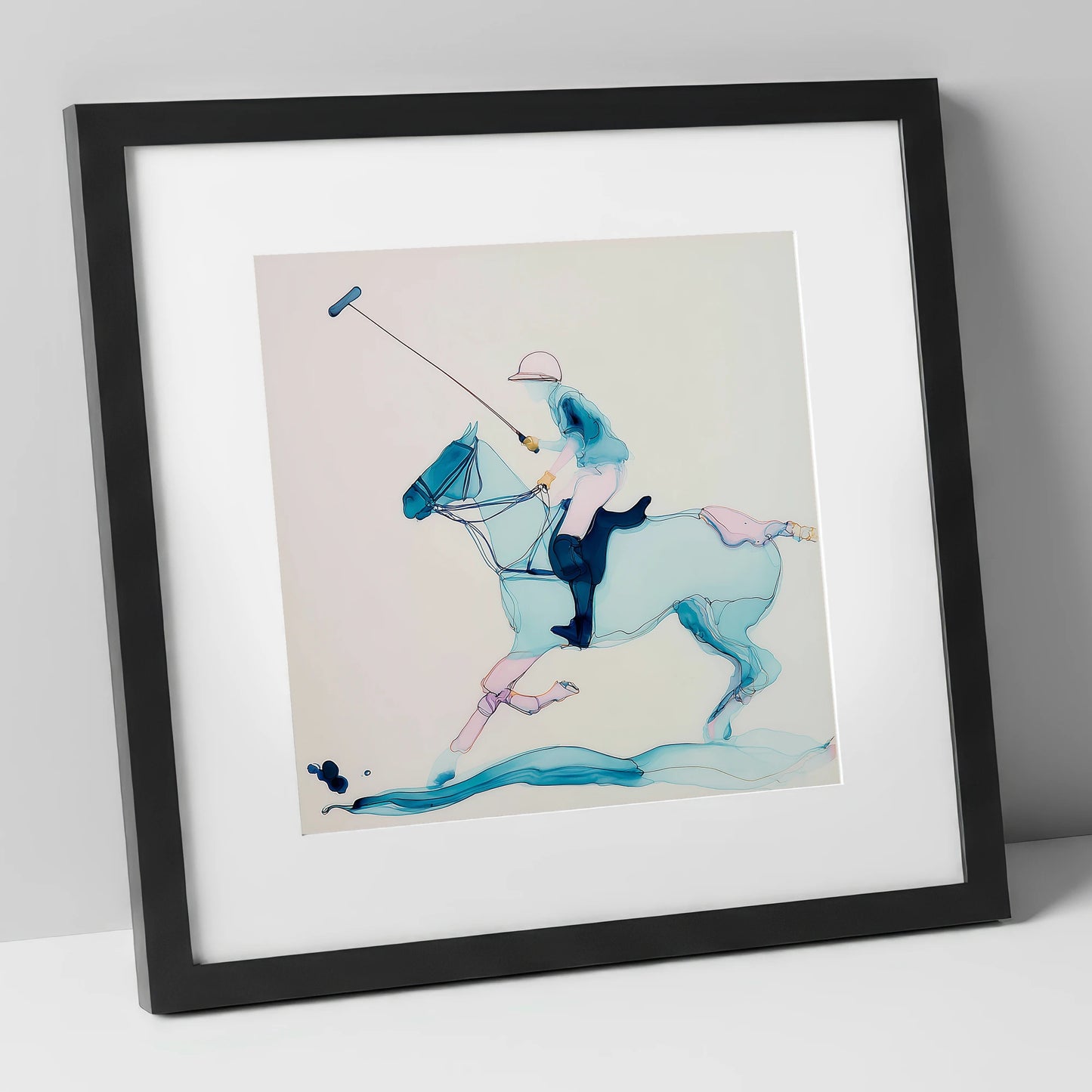 Ethereal Polo Strike polo horse art print in black frame