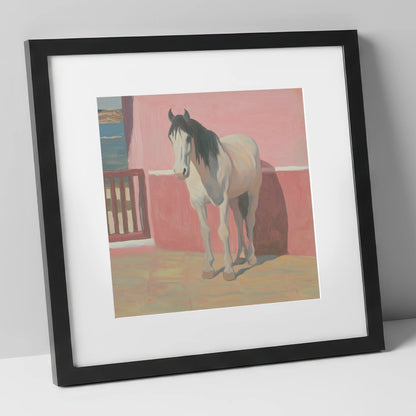 Coastal Courtyard Grey horse breed art print in black frame