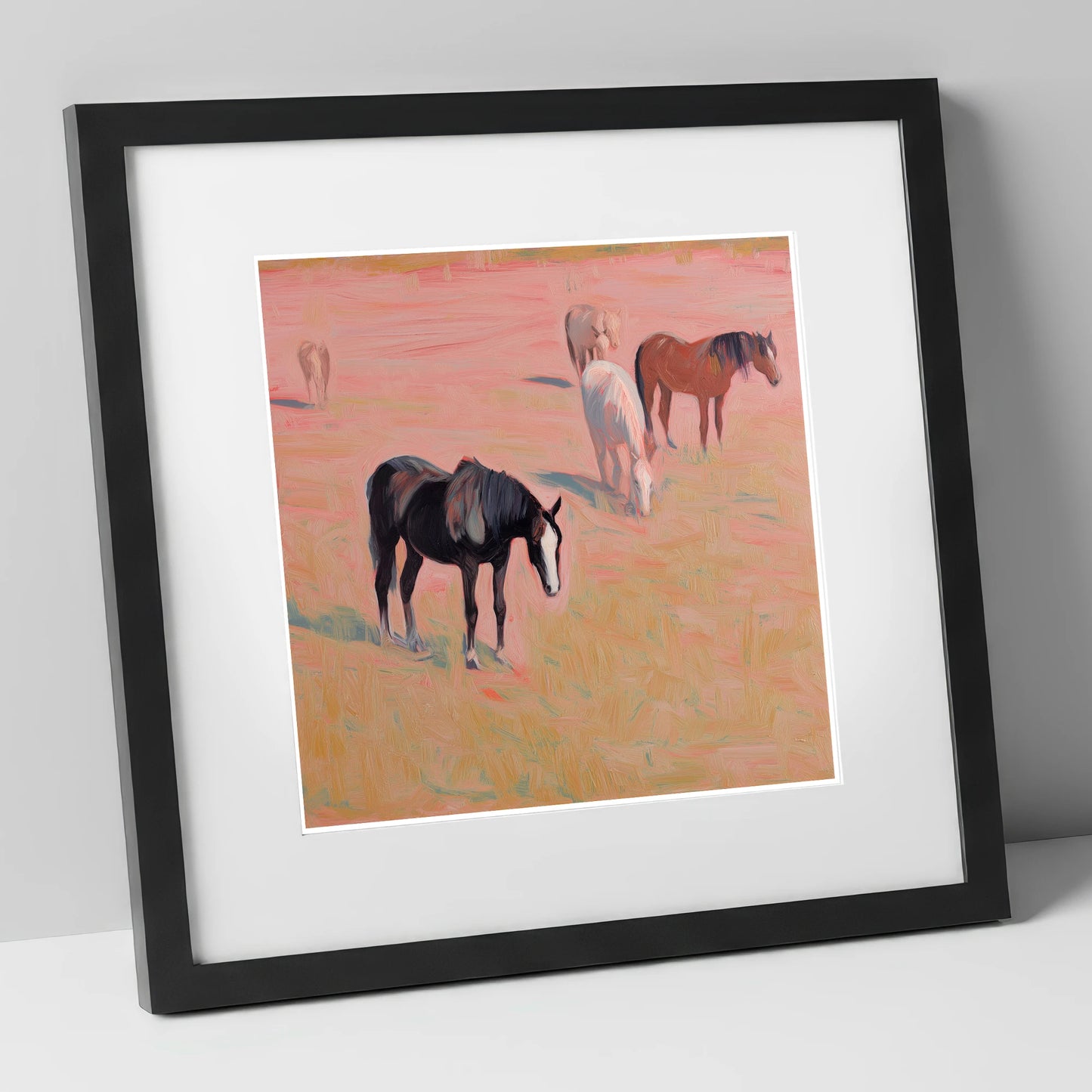 Dusky Rosa Pastures wild horses art print in black frame