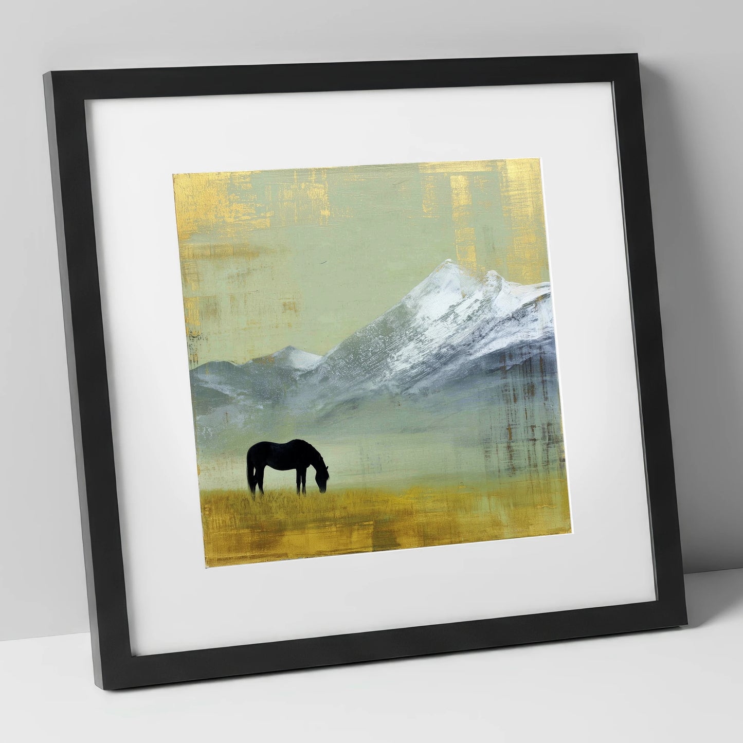Gilded Mountain Solitude horse landscape art print in black frame