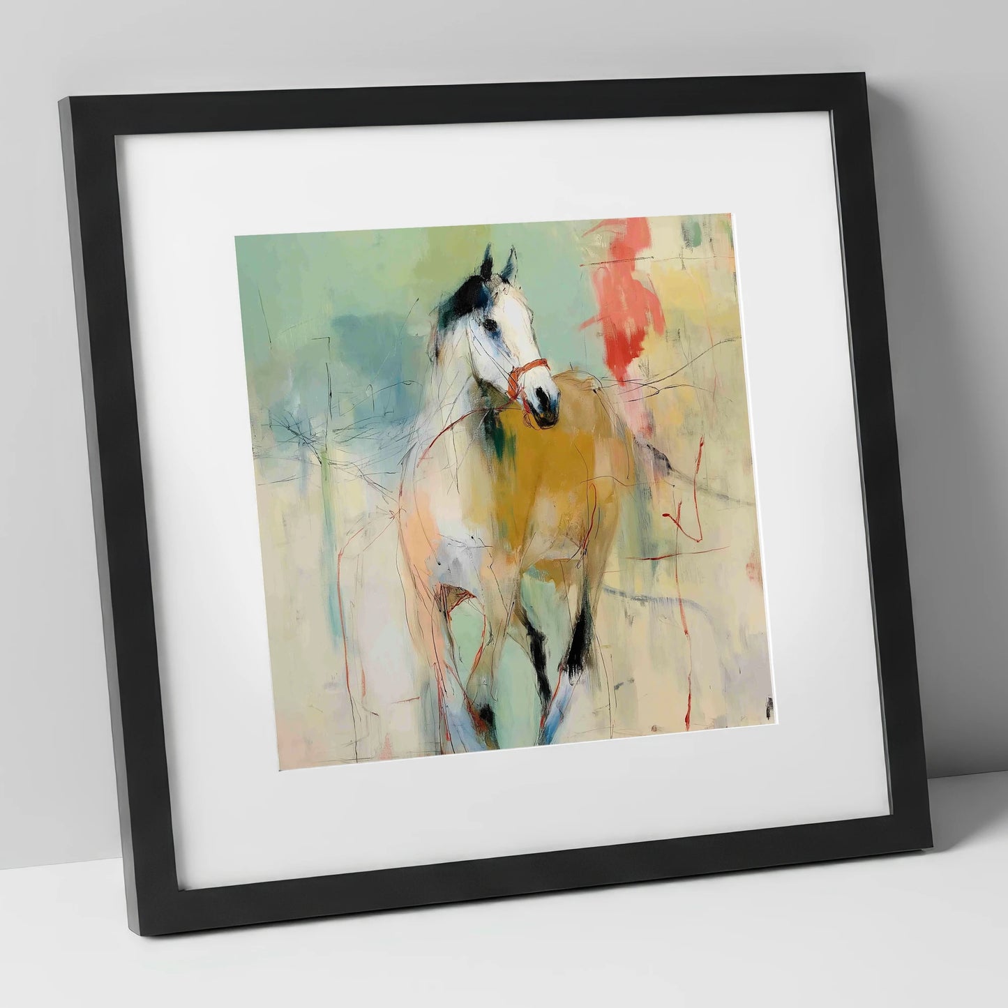 Abstract Paddock Spirit racing horse art print in black frame