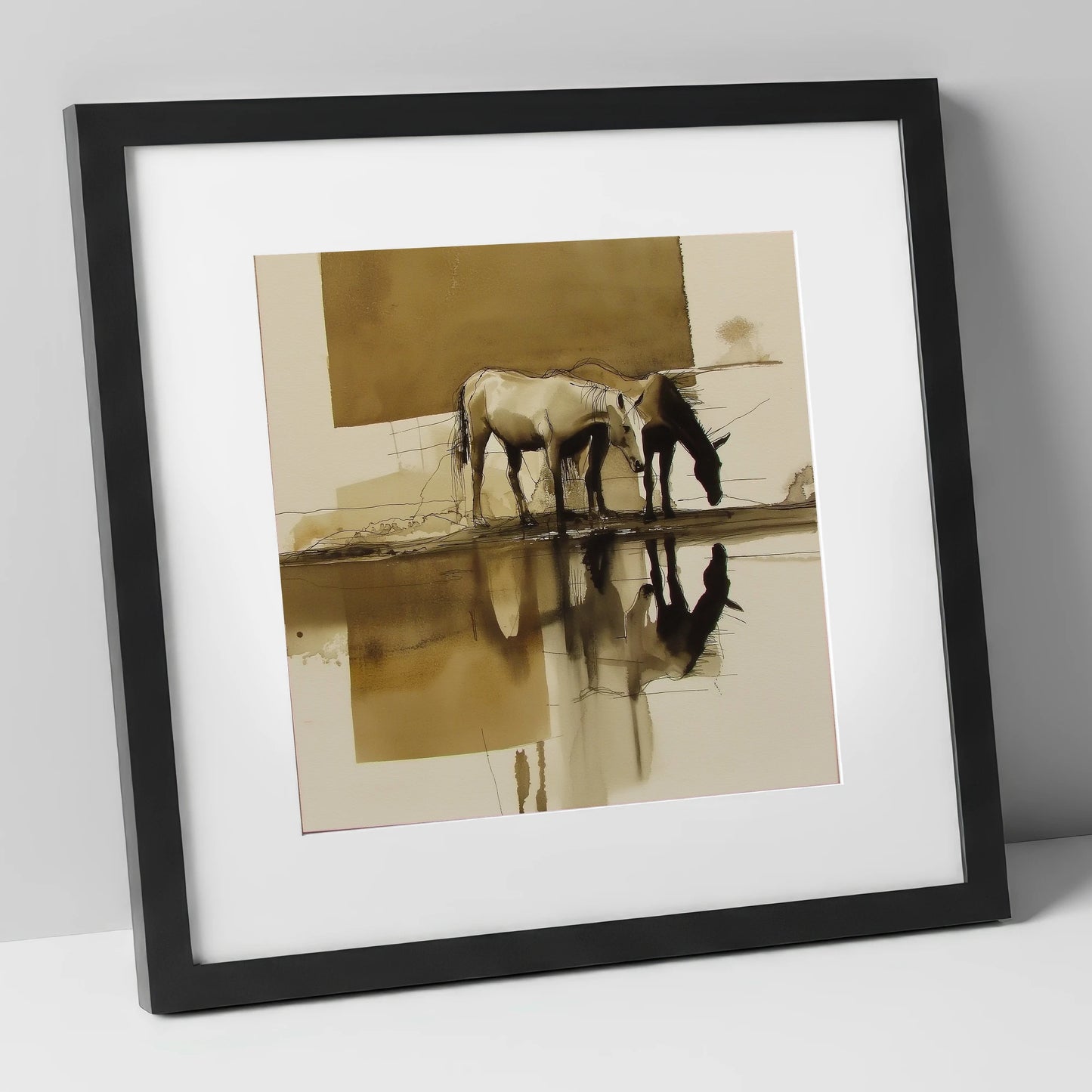 Sepia Reflections wild horses art print in black frame