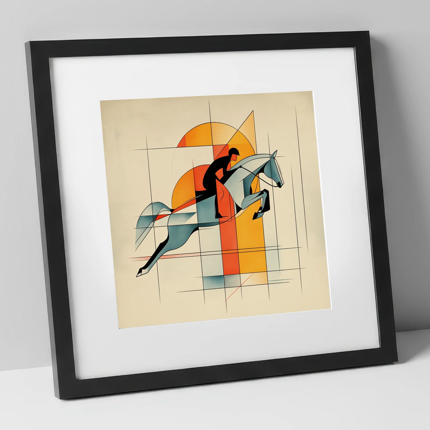 Precision in Flight show jumping horse art print in black frame