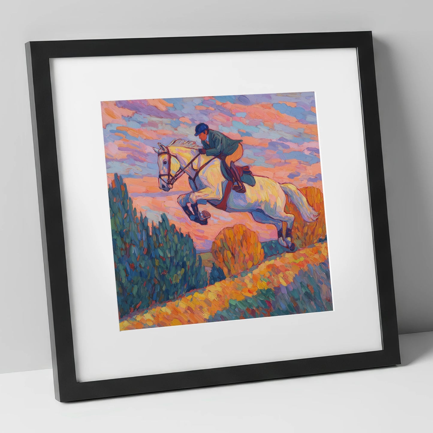 Airborne at Dusk show jumping horse art print in black frame