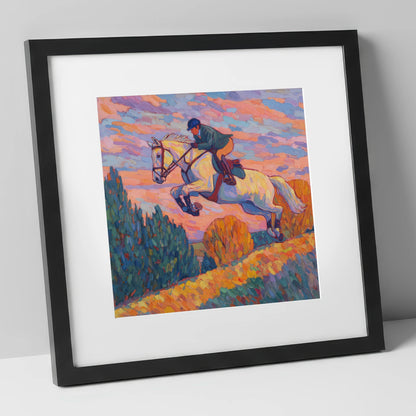 Airborne at Dusk show jumping horse art print in black frame