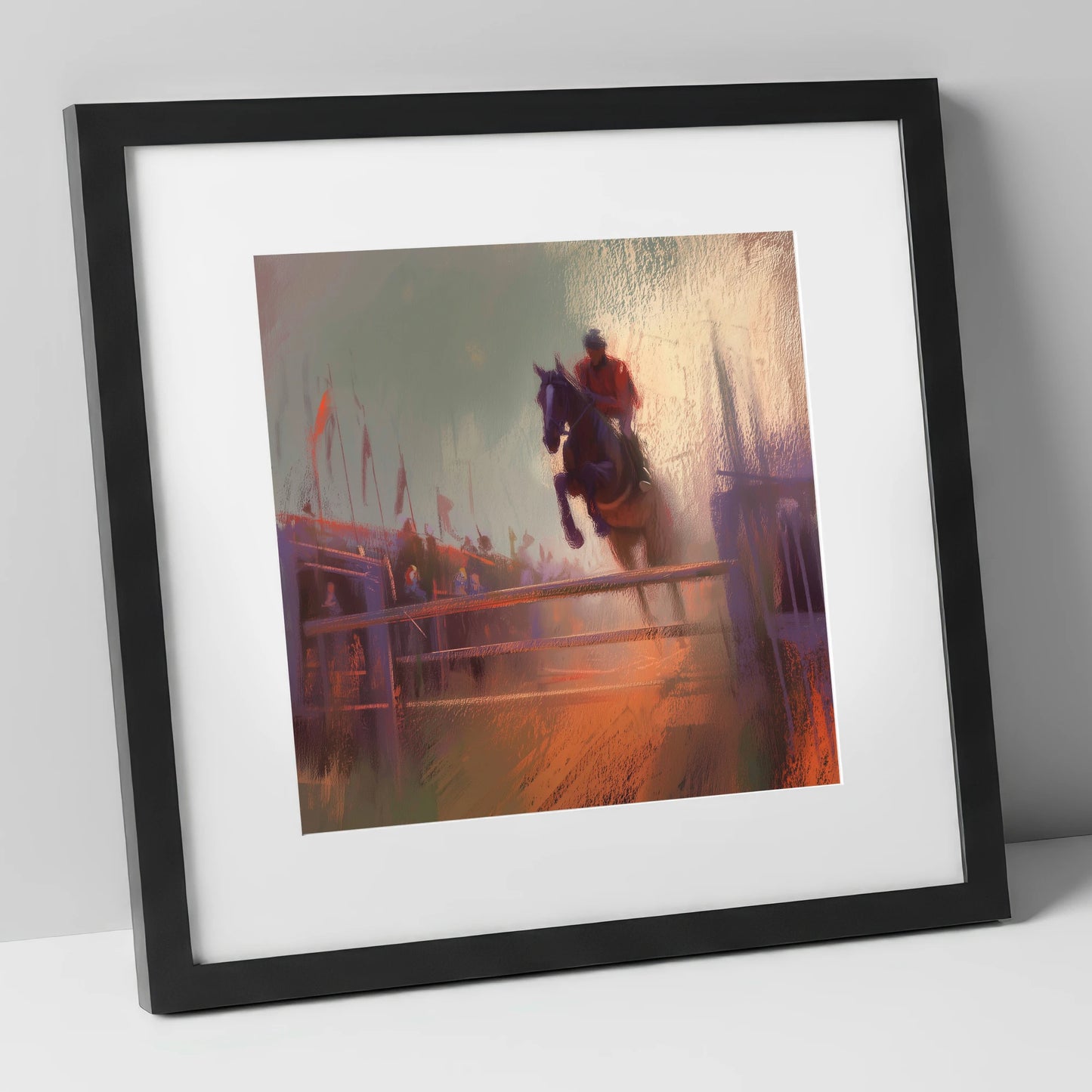 The Final Fence show jumping horse art print in black frame