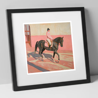 Dusty Pink Shadows dressage horse art print in black frame