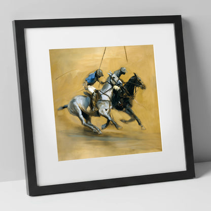 The Ride Off polo horse art print in black frame