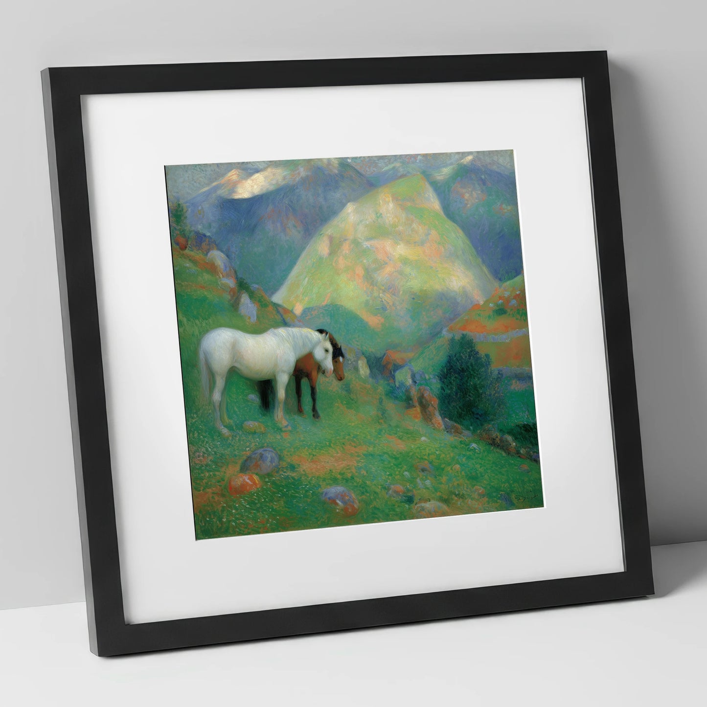 High Country Companions horse landscape art print in black frame