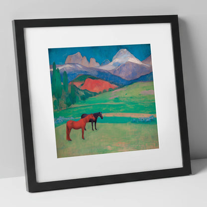 Crimson Mountain Companions horse landscape art print in black frame