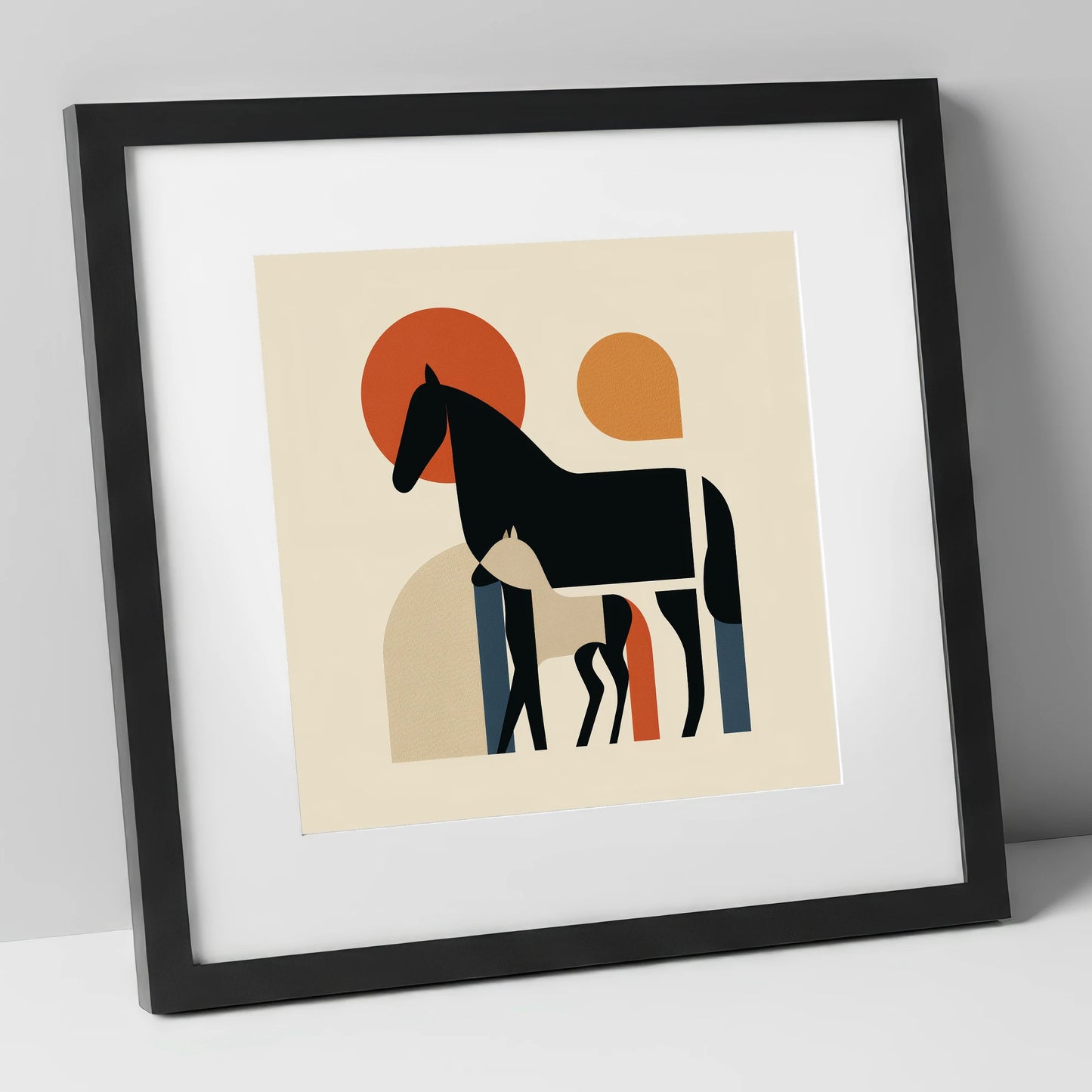 Modernist Matriarch mare & foal art print in black frame