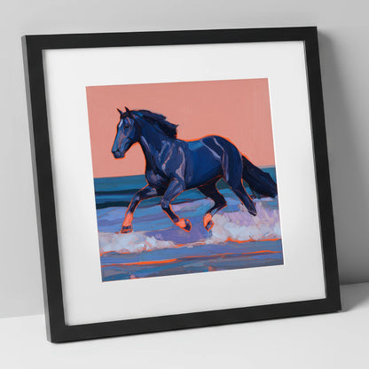 Indigo Surf Canter beach horse art print in black frame