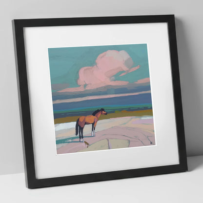 Rose Cloud Horizon horse landscape art print in black frame