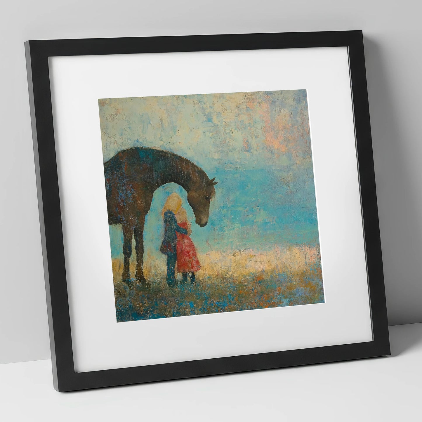 A Quiet Guardian horse & rider art print in black frame