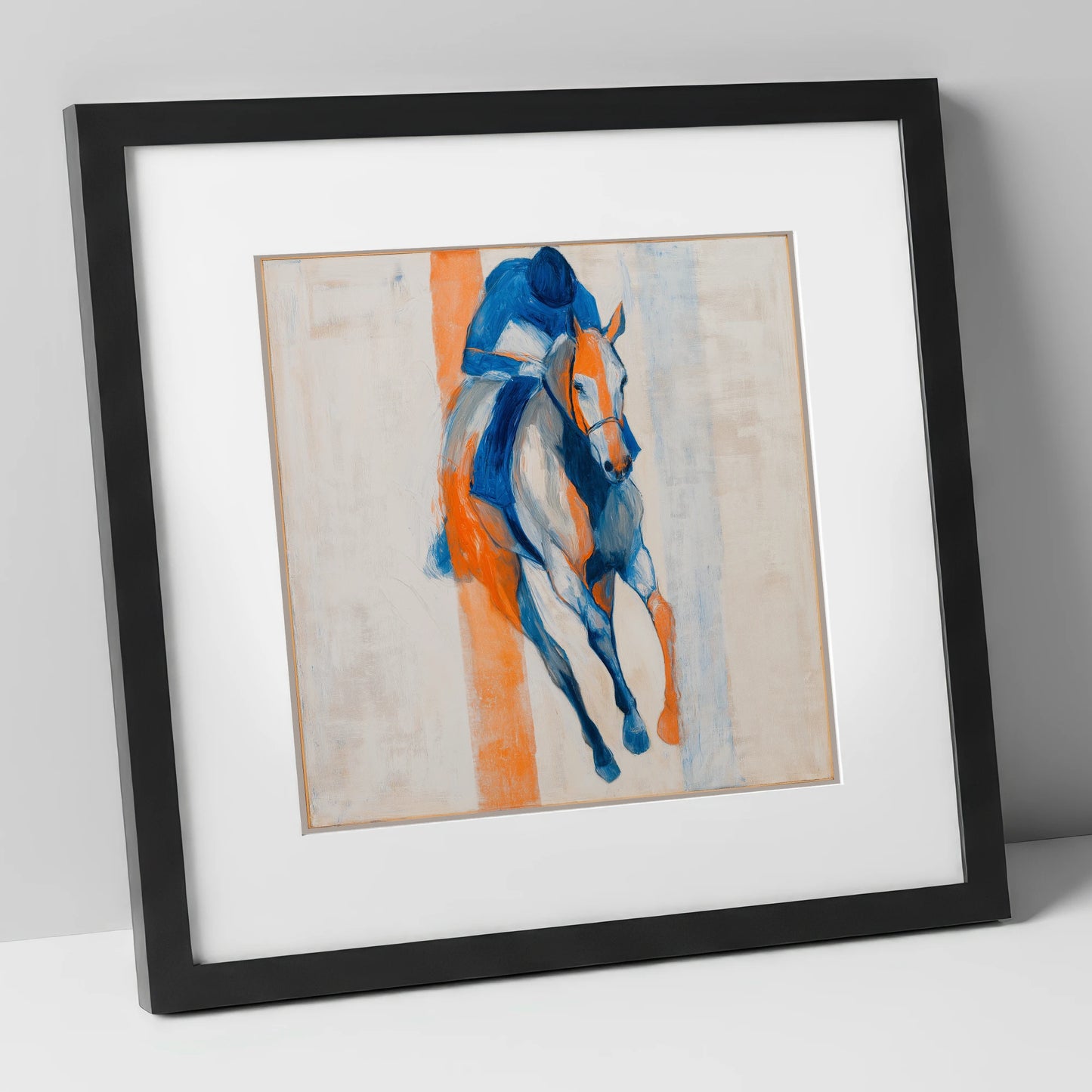 Velocity in Blue racing horse art print in black frame