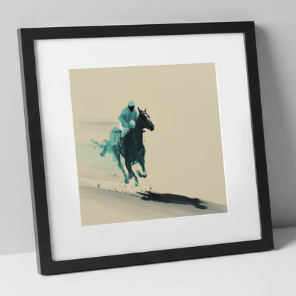 Velocity in Teal racing horse art print in black frame