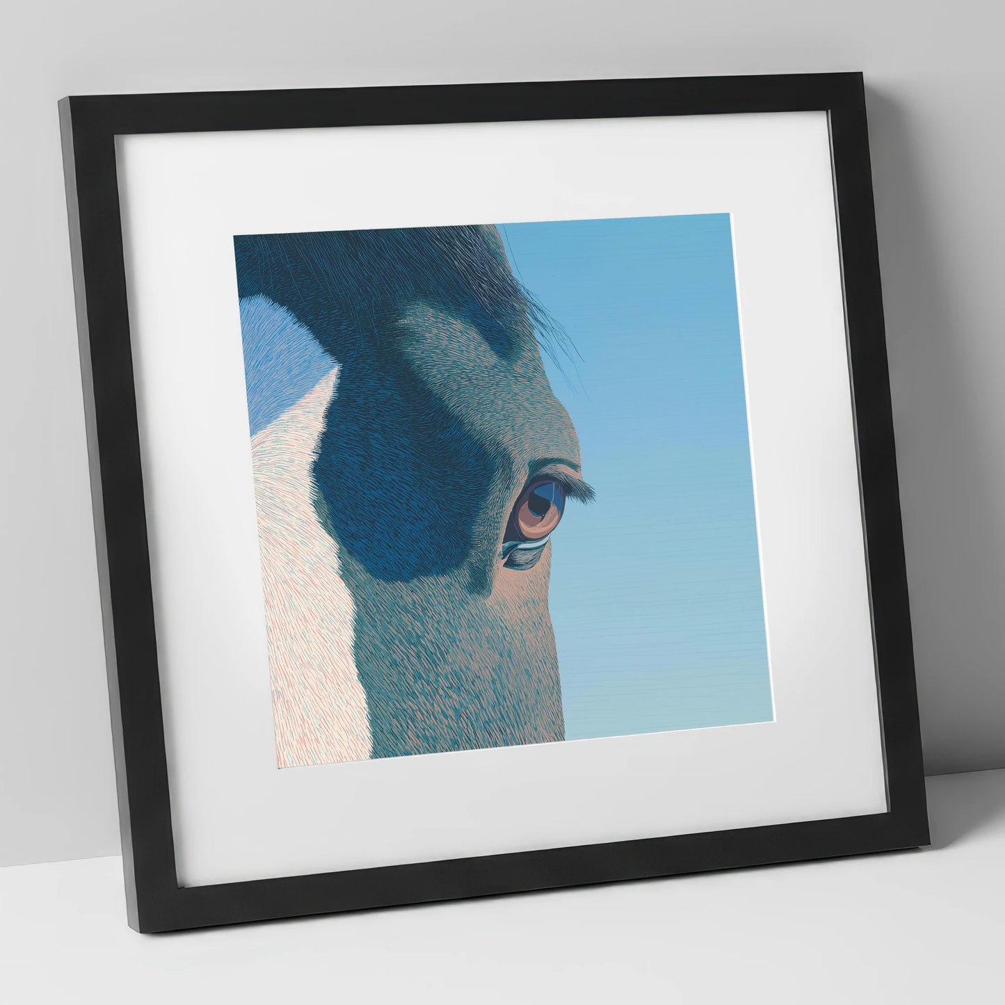 Stillness in Blue horse portrait art print in black frame