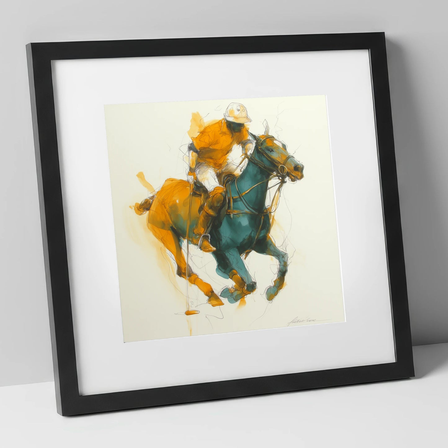 The Decisive Strike polo horse art print in black frame