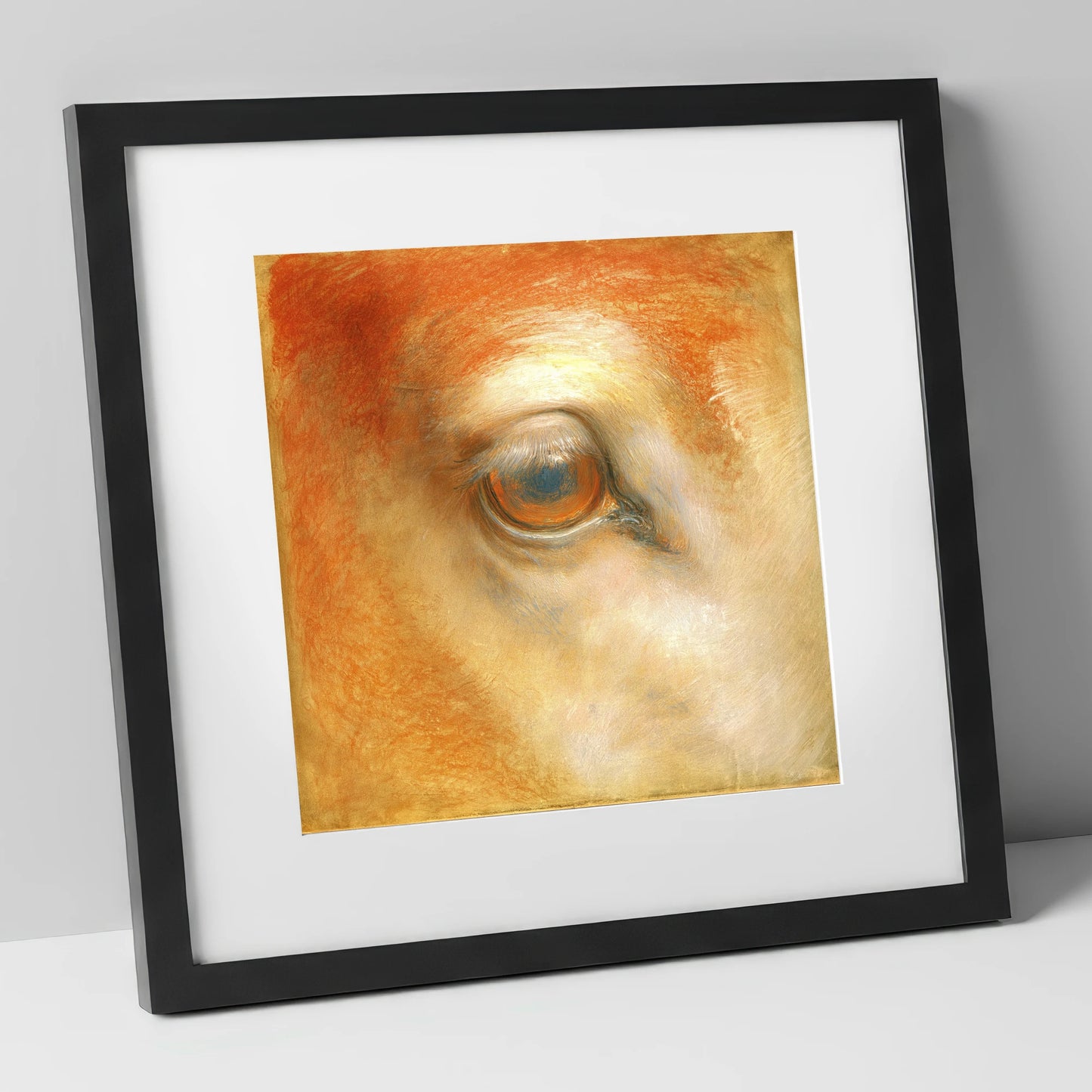 The Amber Gaze horse portrait art print in black frame