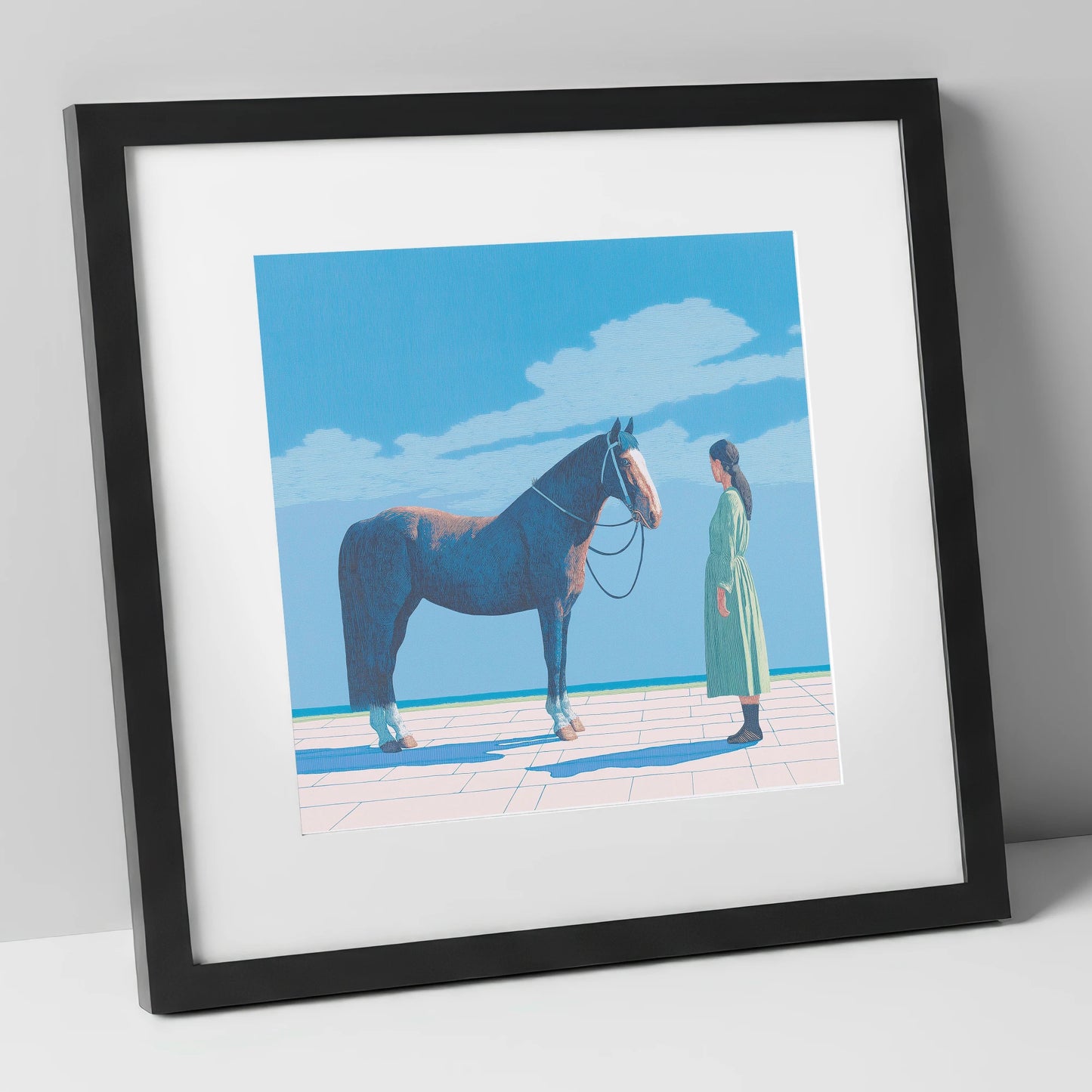 The Quiet Bond horse & rider art print in black frame