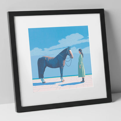 The Quiet Bond horse & rider art print in black frame