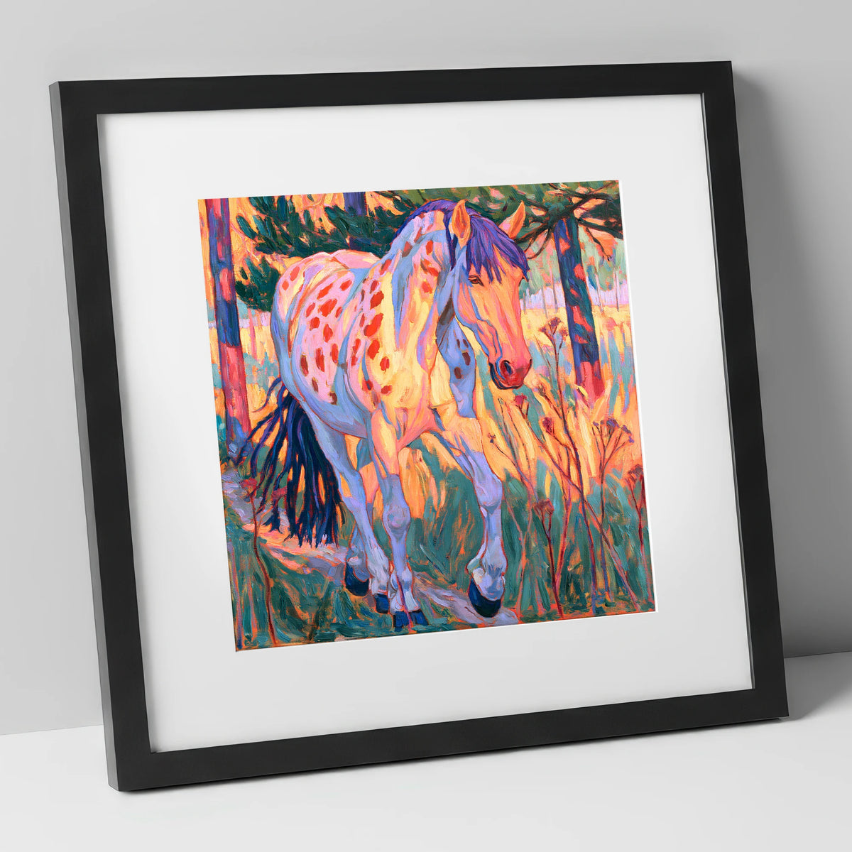 Vibrant Appaloosa In Tall Grass horse breed art print in black frame