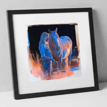 A Quiet Understanding horse & rider art print in black frame