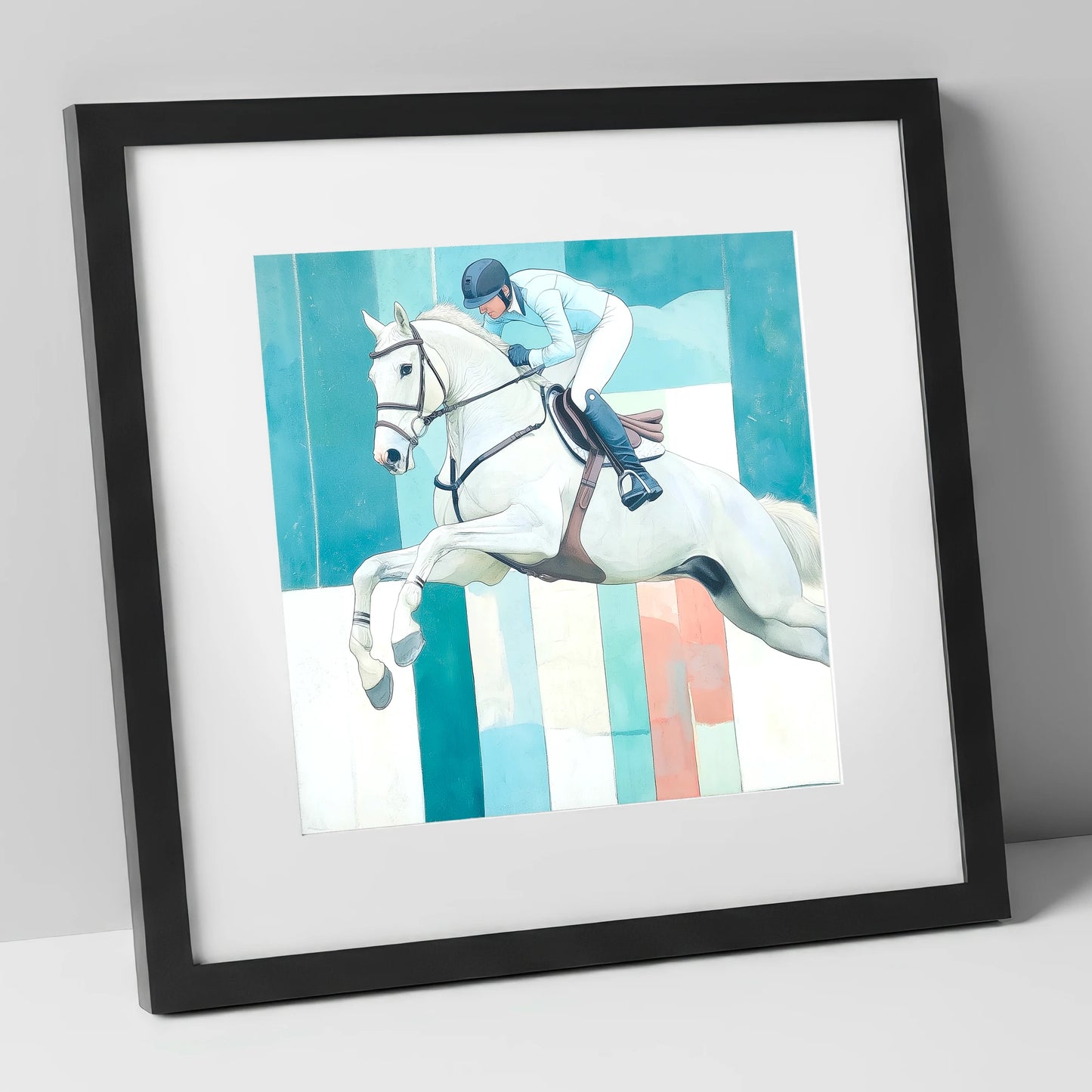 Aquamarine Ascent show jumping horse art print in black frame