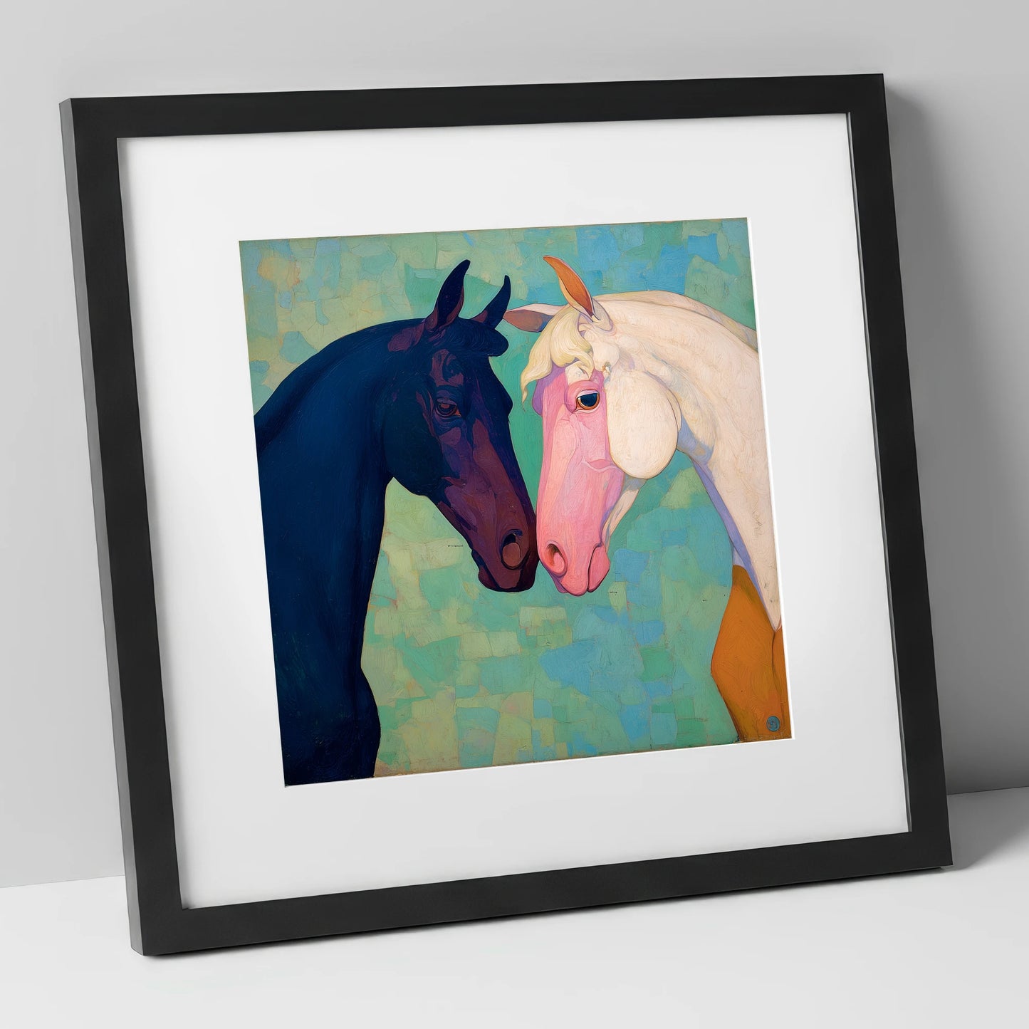Sapphire and Rose horse portrait art print in black frame