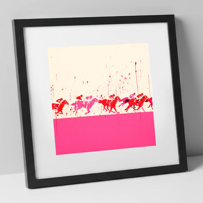 Crimson Surge racing horse art print in black frame