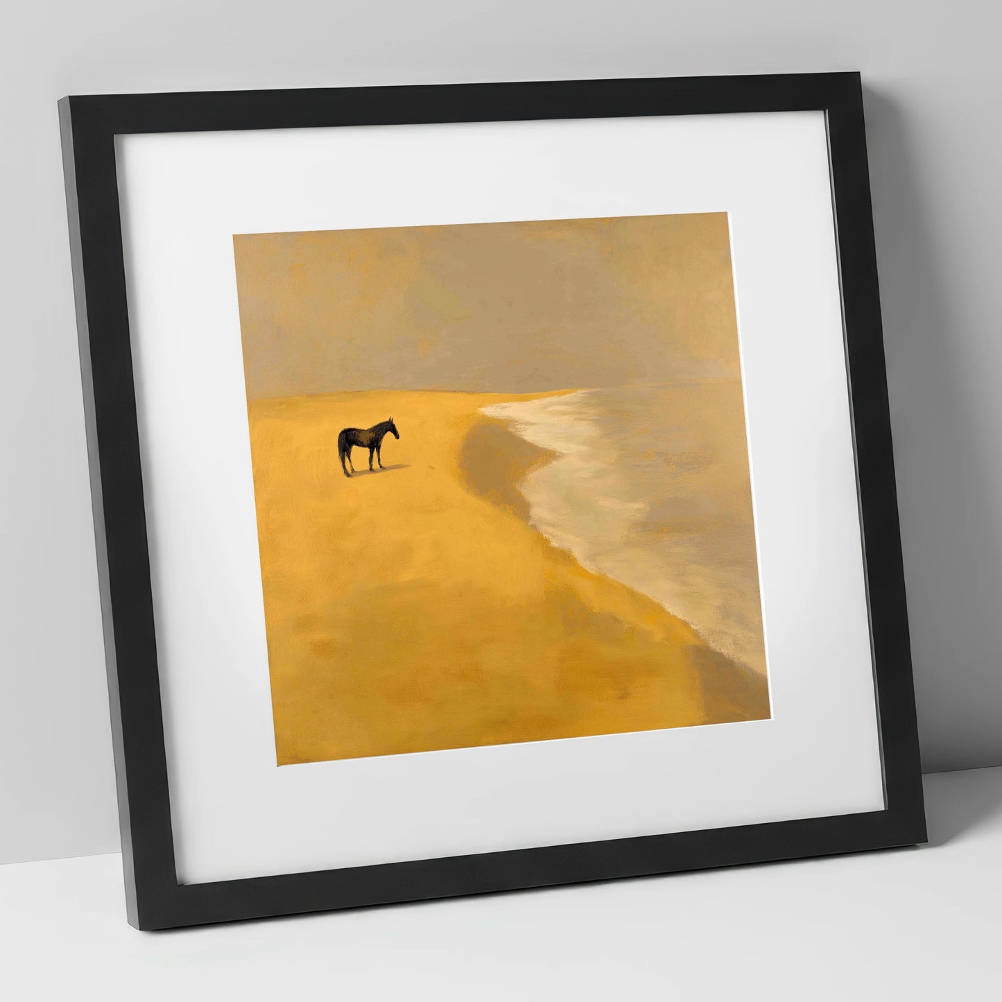 Golden Shoreline Solitude horse landscape art print in black frame
