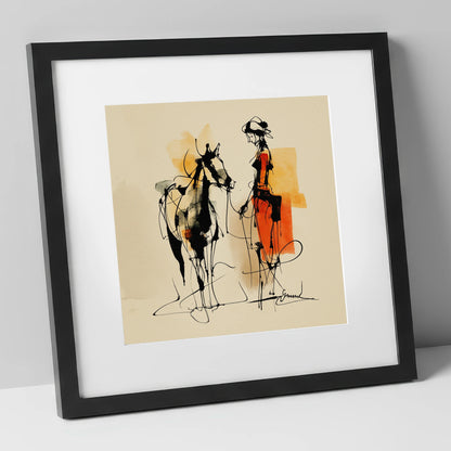 Tethered in Amber horse & rider art print in black frame