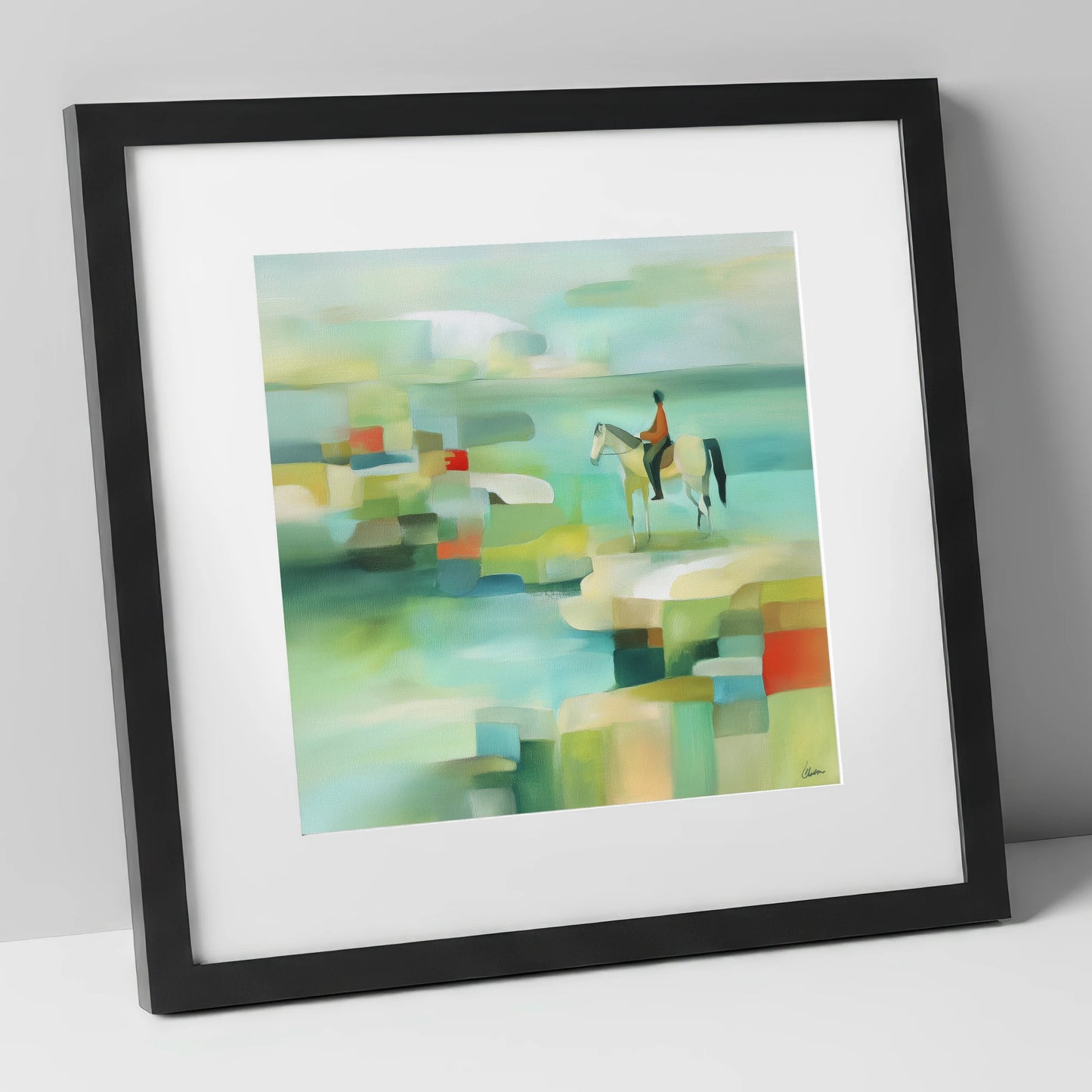Geometric Shoreline Rider beach horse art print in black frame